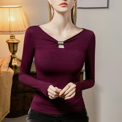 Women Modal T Shirts New Fashion Hollow Out V Neck Tops Korean Casual Long Sleeve T shirt