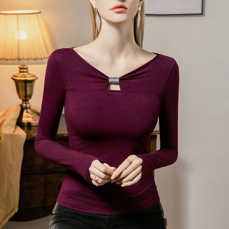 Women Modal T Shirts New Fashion Hollow Out V Neck Tops Korean Casual Long Sleeve T shirt