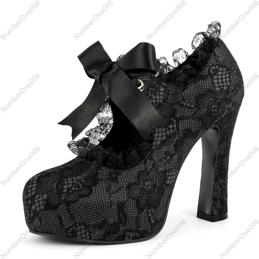 

Women's Lace Flower Mary Jane Punk Closed Toe Prom Costume Elegantes Gothic Pumps Vintage Sweet Platform High Heels Shoes