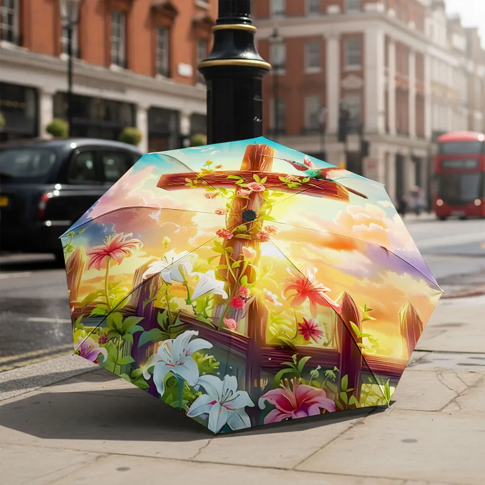 1P C Artistic floral umbrella with a wooden cross design Print 8 Iron Ribs Folding Umbrella Auto-Open Fashion Sunshade