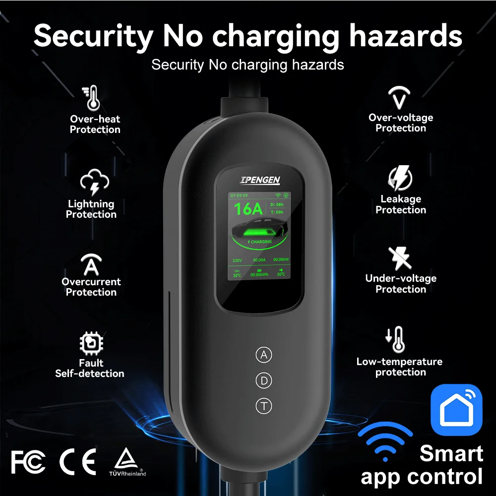 IPENGEN TypeB TUV Siegel Portable 3.5KW 16A EV Charger Type1 SAE J1772 Eletric Vehicle Car Charger EVSE Length 5M APP Control