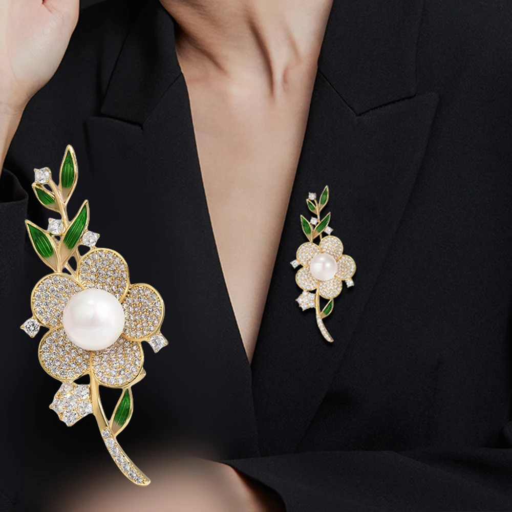 Trendy White Plum Blossom Brooches For Women Pearl Rhinestone Plant Jewelry Coat Shawl Dress Lapel Pins Accessories Gifts