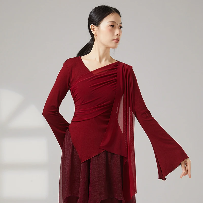 Women Classical Dance Practice Top Flare Sleeve Tulle Design Chinese Folk Dance Modern Dance Performance Costume Short Sleeve