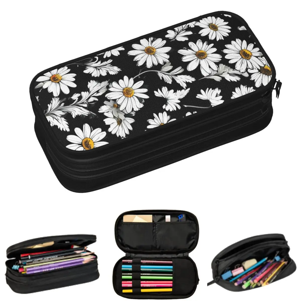 

Cartoon White Daisy And Black Leaves Pattern Pencil Cases for Students School Pen Box Pencil Bag Big Capacity Pencil Pouch