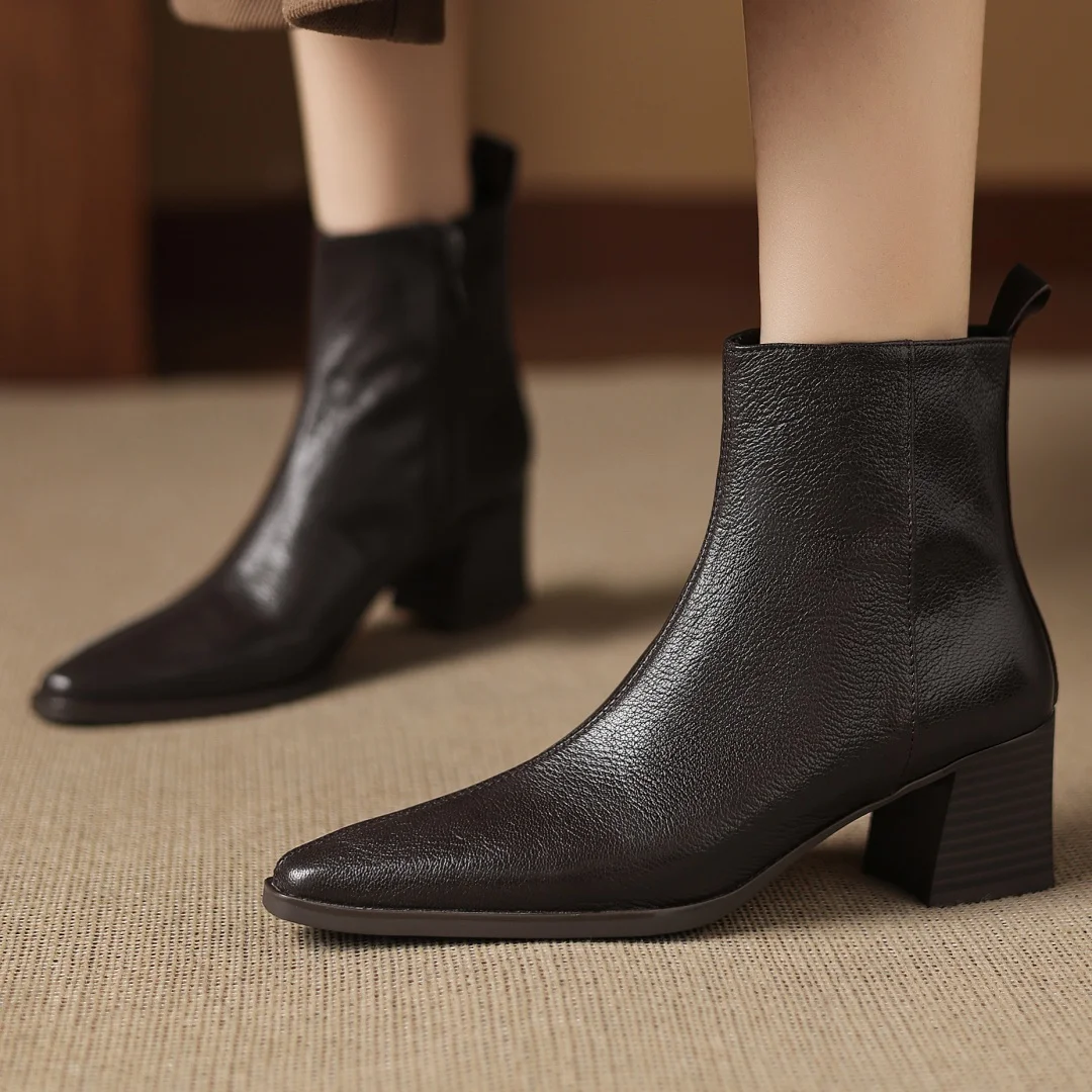 

Women's sheepskin pointed toe side zip autumn ankle boots 5cm thick med heel elegant ladies high quality soft short booties sale