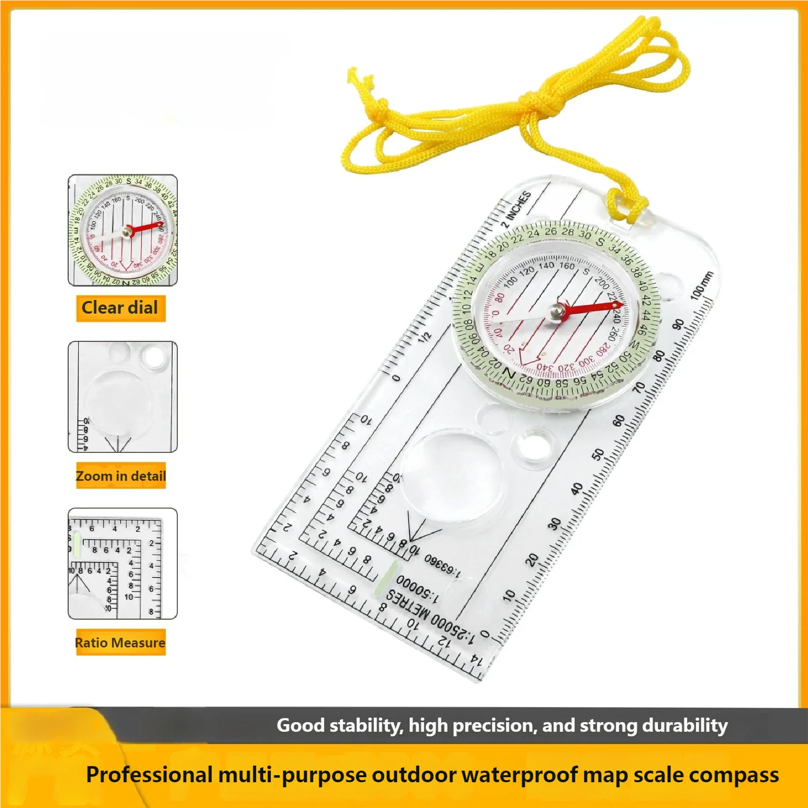 بوصلة احترافية متعددة الأغراض للخريطة في الهواء الطلق اتجاهية على الطرق الوعرة مقاومة للماء للبقاء على قيد الحياة البرية والمشي لمسافات طويلة والتخييم