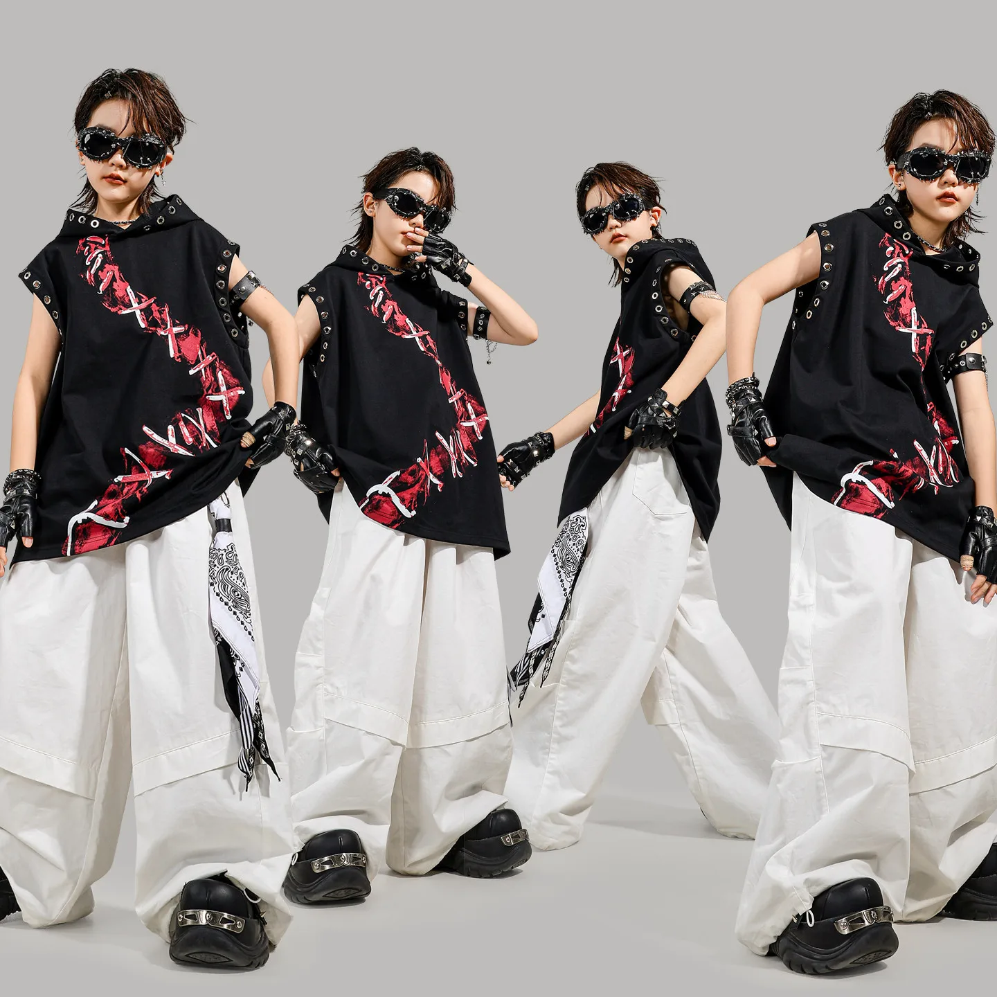 

Kid Kpop Hip Hop Clothing Black Rivet Hoodie Tank Top White Casual Wide Parachute Pants for Girl Boy Jazz Dance Costume Clothes