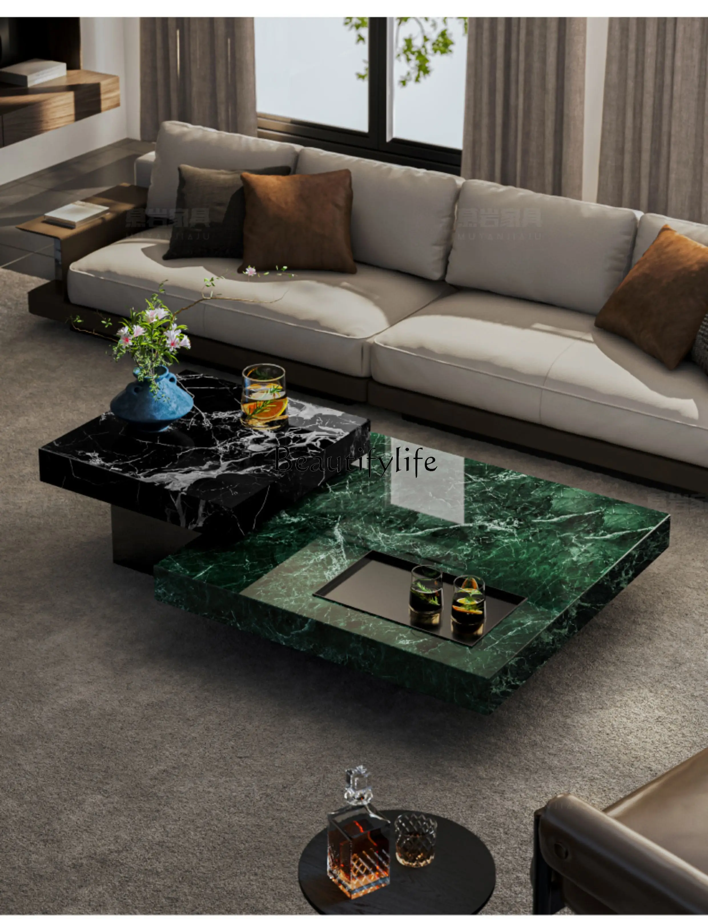 

Natural large flower green luxury stone coffee table high-end suspension square marble coffee table combination