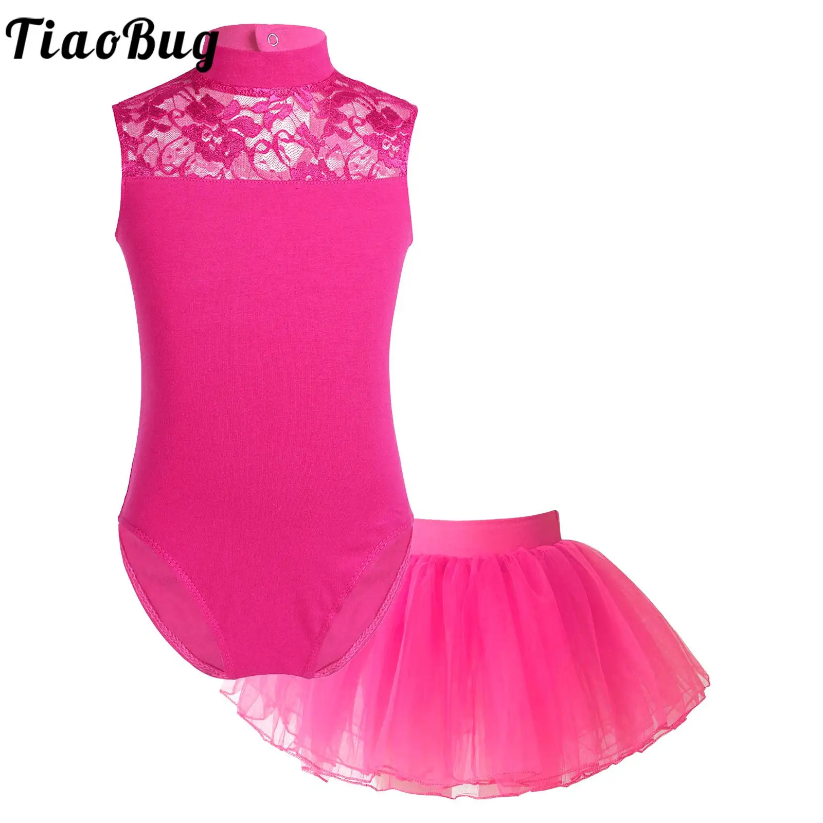 

Kids Girls Dance Sleeveless Lace Patchwork Leotard with Elastic Waistband Tutu Layered Skirt for Ballet Performance