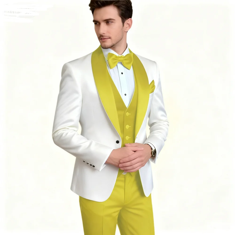 

Customized Men's 3-Piece Tuxedo with Scarf Lapel Smoking Suit Wedding Groomsmen Formal Party Blazer Terno Masculino