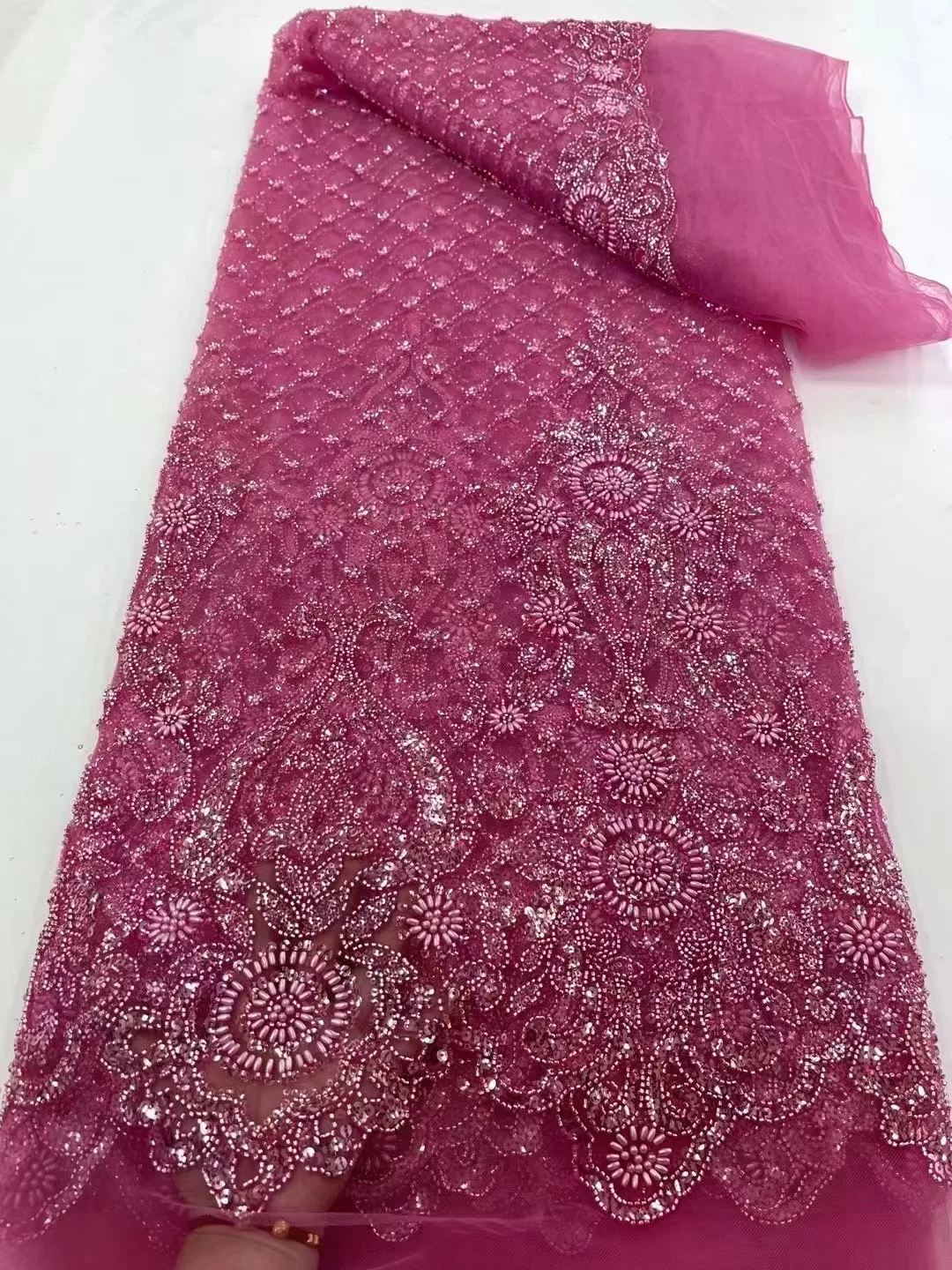 

Pink Luxury Lace Fabric 5 Yards Dubai Hand Beaded Lace Fabric Embroidered African Nigerian Sequins Lace Fabric For Sewing