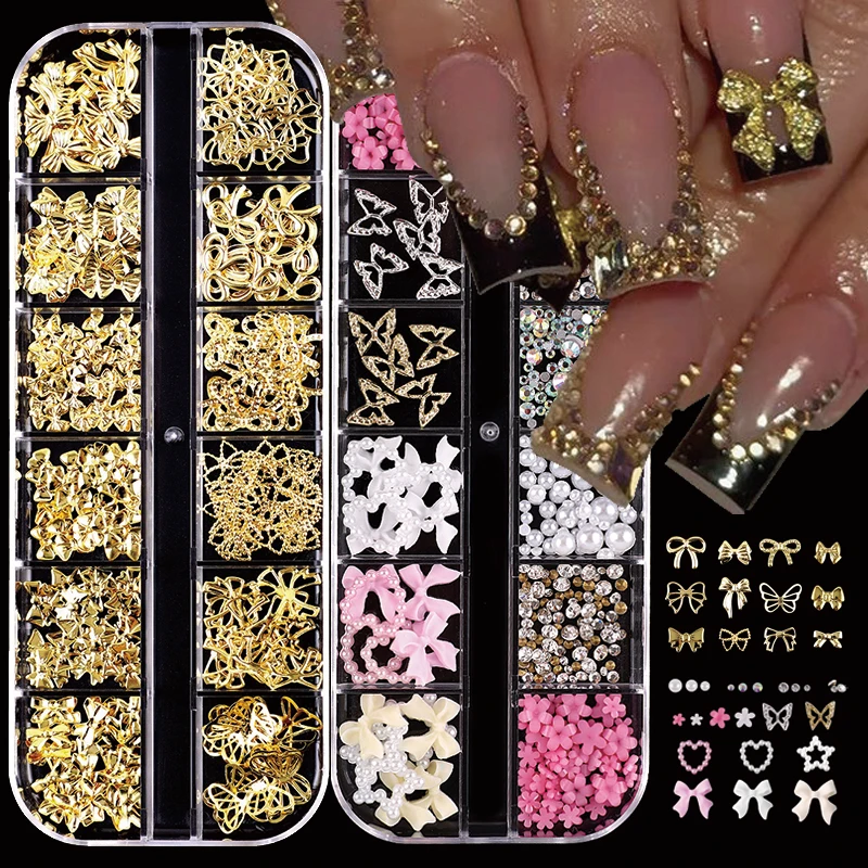 24-Piece 3D Y2K Millennial Nail Art Decoration Set, Assorted Rhinestones, Pearls, Butterfly, Heart & Flower DIY Nail Charms