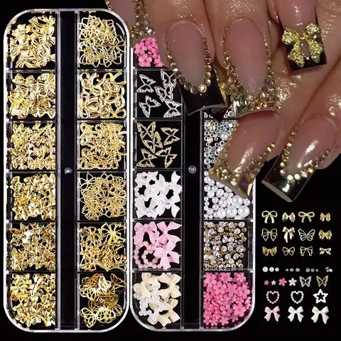 24-Piece 3D Y2K Millennial Nail Art Decoration Set, Assorted Rhinestones, Pearls, Butterfly, Heart & Flower DIY Nail Charms