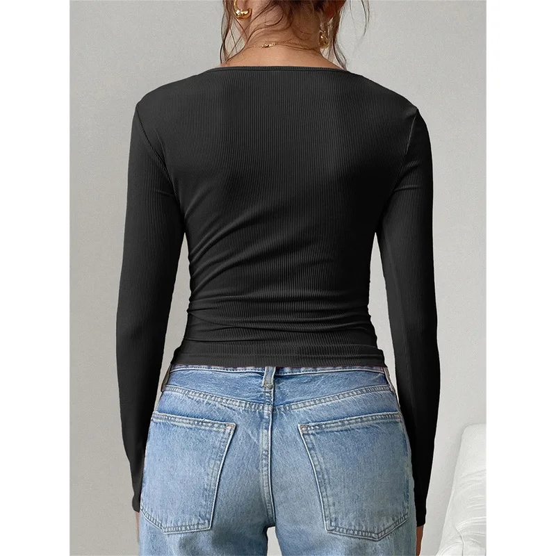 Women'S Solid Ribbed-Shirt - Long Sleeve Scoop Neck Blouse With Button Front & Lace Trim, Washable Spring