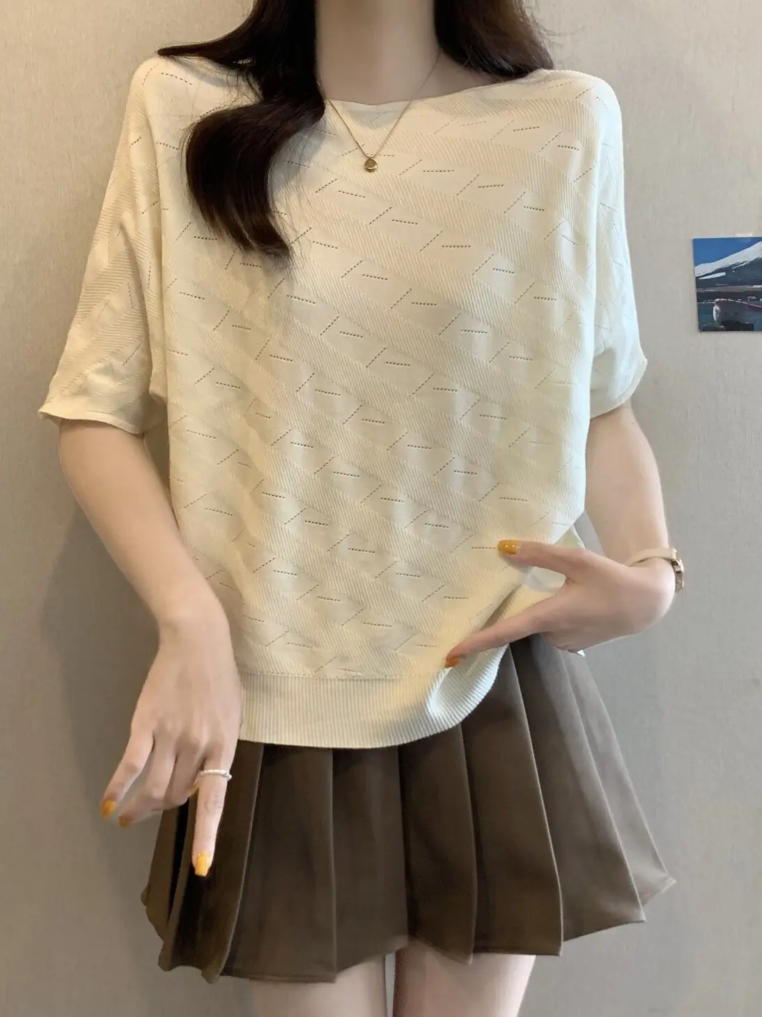 Slimming Ice Silk Batwing Sleeve T-Shirt Women's Summer Base Layer Shirt Shoulder Bared Diagonal Collar Comfortable Knitted Top