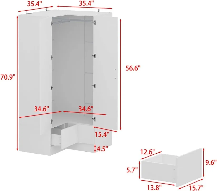 L-Shaped Wardrobe Closet with 2 Drawers Armoire Wardrobe Closet with 2 Hanging Rods Armoire Closet for Bedroom White