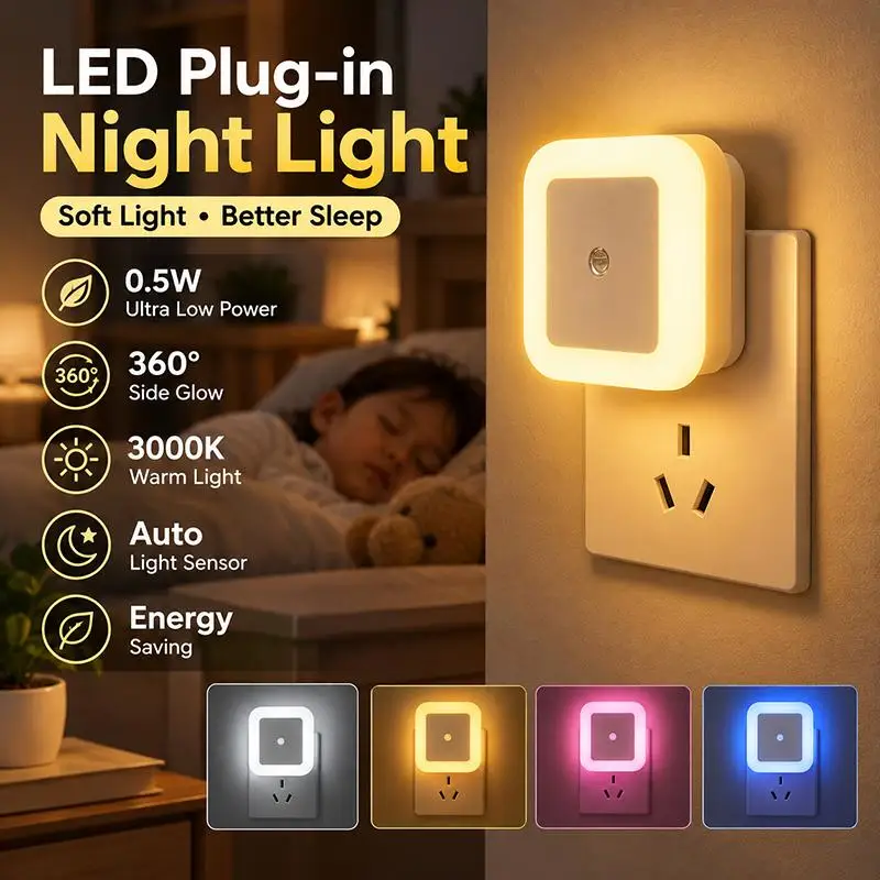 Plug In Compact Design LED Night Light Dusk to Dawn Sensor Energy Saving Warm Soft Glow for Closet Garage Kitchen Entrance