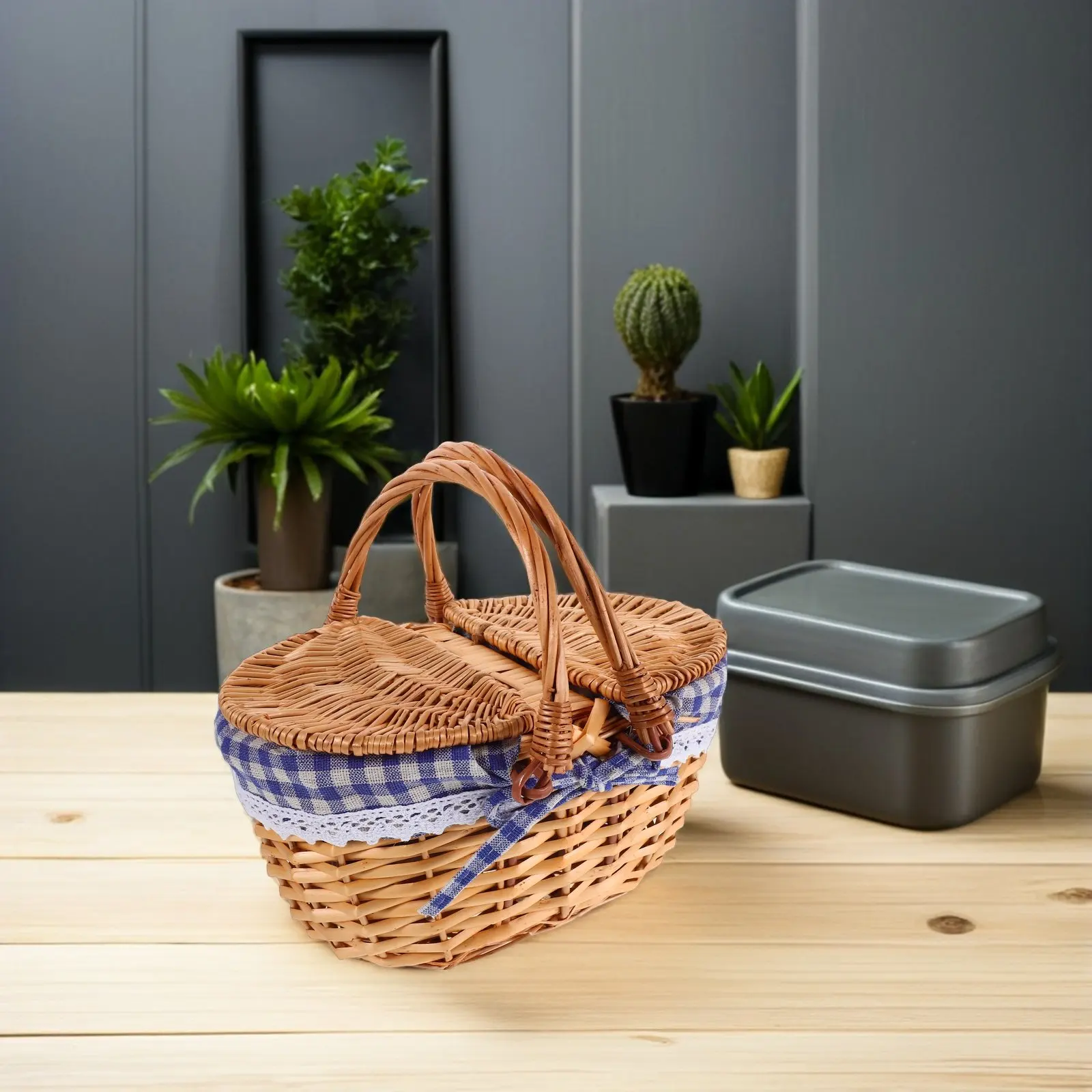 Children's Wicker Picnic Basket Double Handle Handwoven Rattan Lightweight Portable Gingham Lined Basket for Strawberry Picking