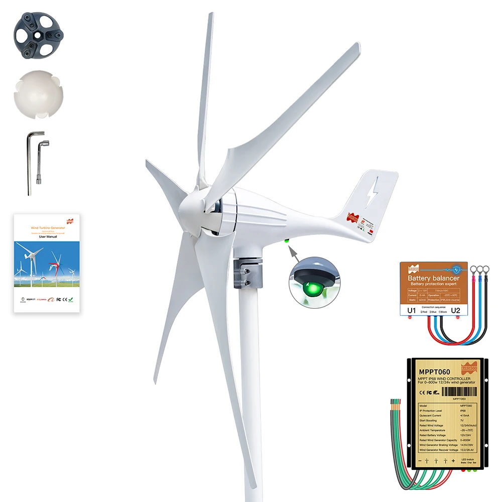 600W 5Blades AC Wind Turbine Generator With Indicator Charge MPPT Controller and Battery Equalizer Household Wind Generator