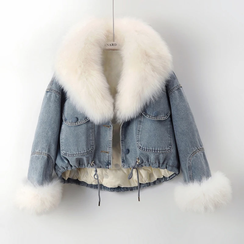 Winter Thick Real Big Fox Fur Collar Down Cotton Liner Denim Jacket Women Cowboy Outerwear Loose Short Jeans Jacket Coat Female