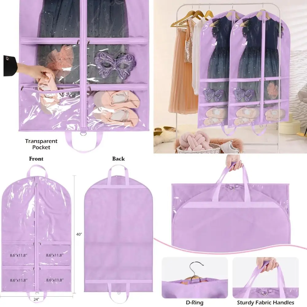 

Purple 6-Pack Foldable Dance Costume Bags with 4 Clear Pockets for Dancers, 40 Length