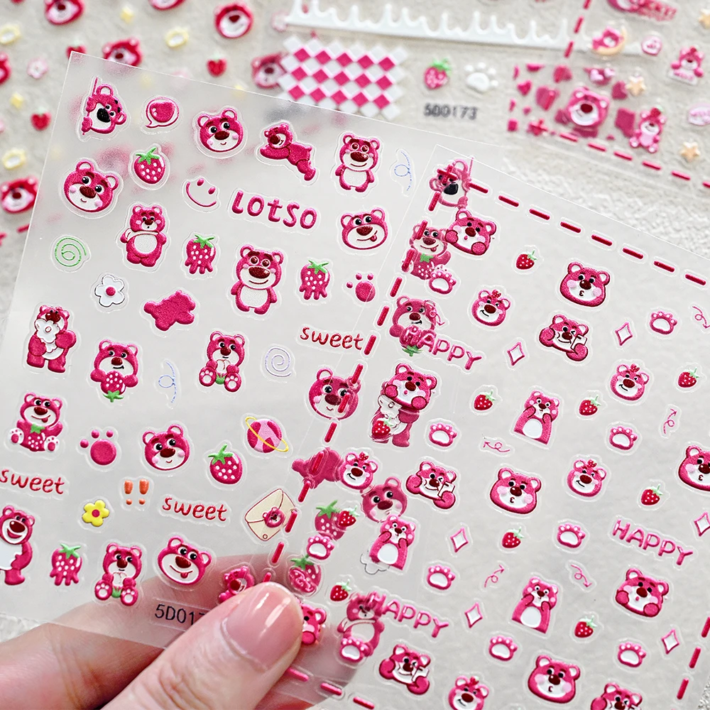 Autocollant pour Nail Art Lotso Bear en relief 5D, décalcomanies adhésives ours fraise doux, curseur Y2K, dessin animé mignon, fournitures de manucure