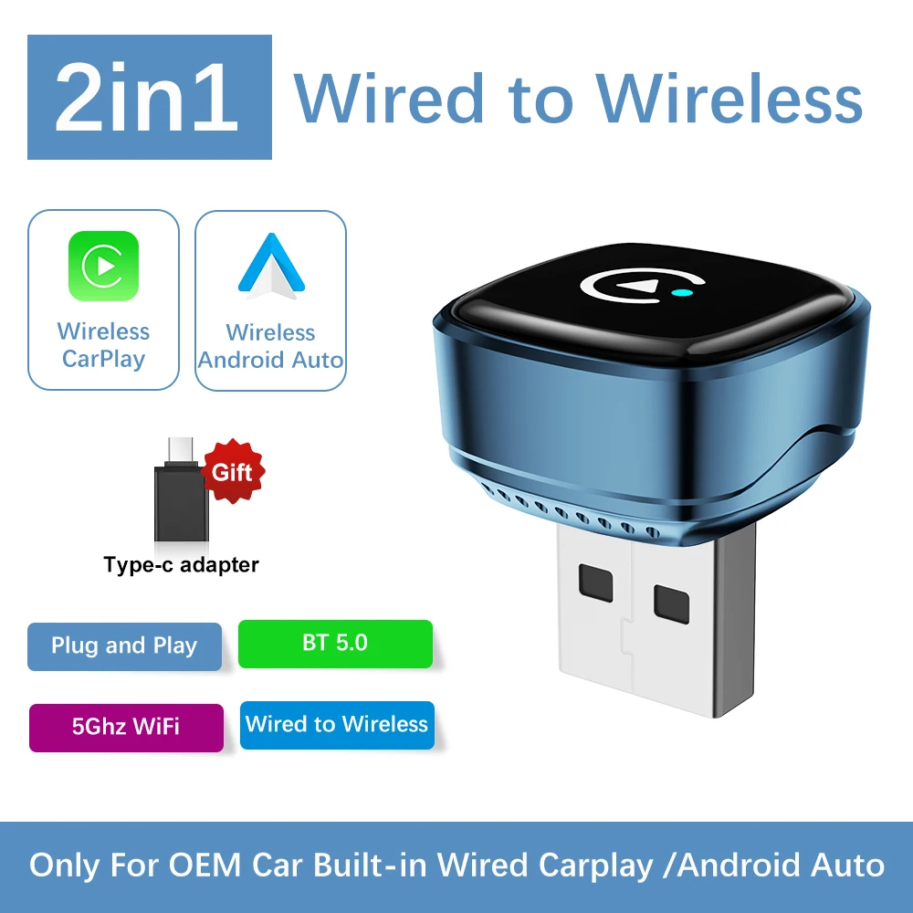 Flixivi Original 2-in-1 Wireless CarPlay Android Auto Adapter Dongle Plug and Play Universal for Toyota Nissan Honda Ford Car