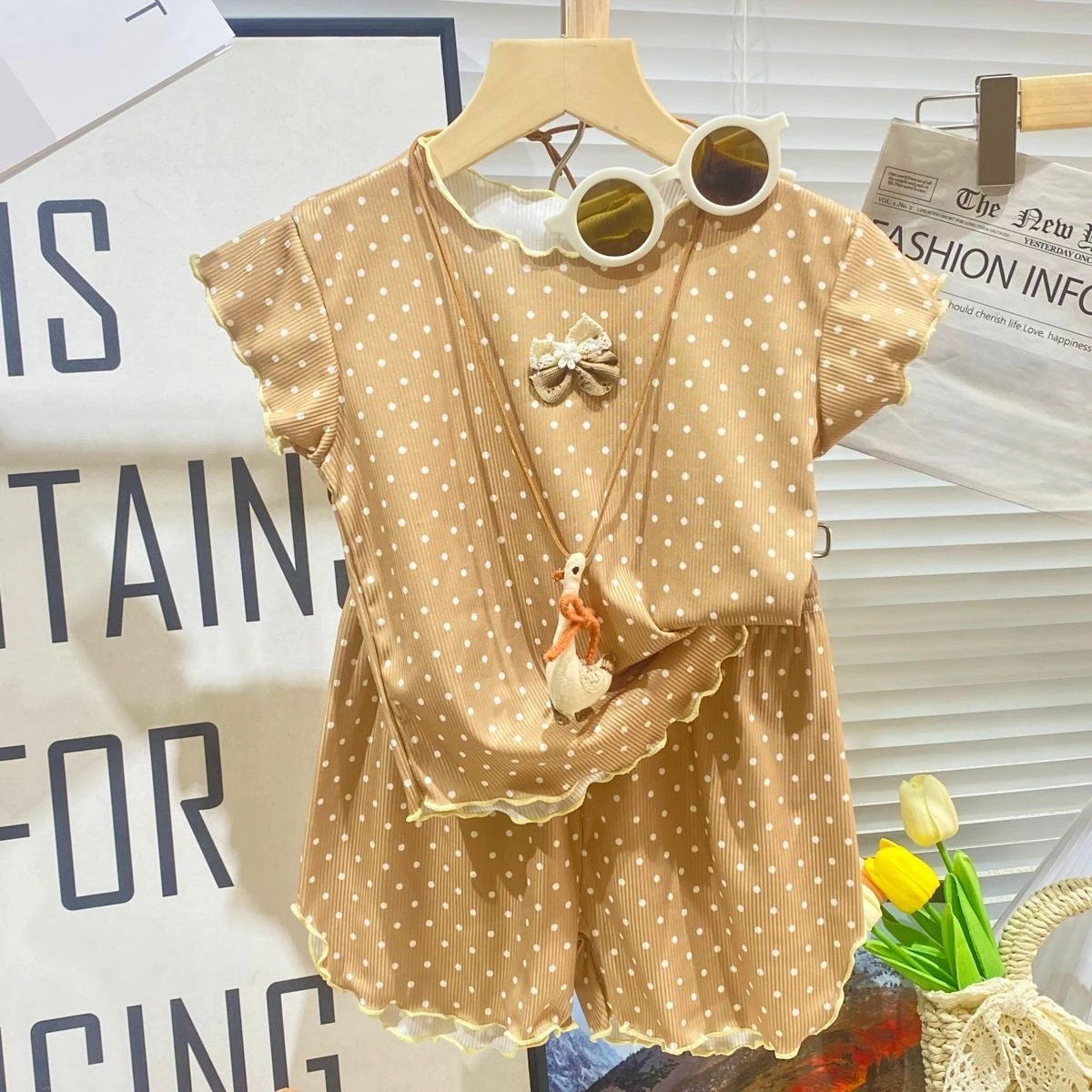 

Polka Dot Sleepwear Set for Girls Soft Short Sleeve Pajamas Summer Loungewear Home Outfit