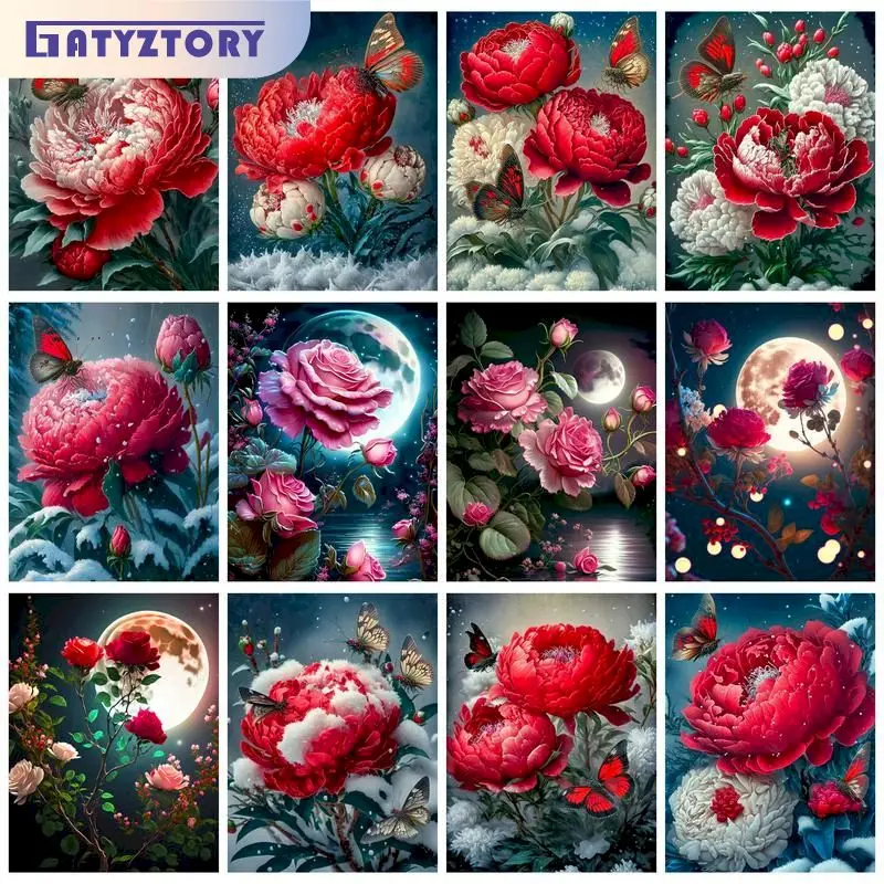 

GATYZTORY Painting By Number Eyes Paintings With Frame Red Flowers Hand Painted Oil Painting On Canvas Acrylic Paint Wall Art