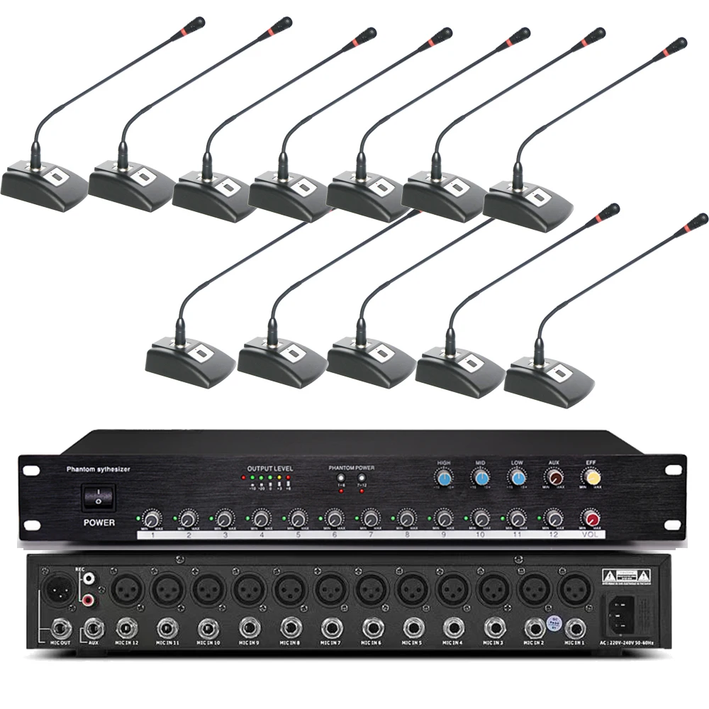 

Pro 12-Way Wired Gooseneck Table Microphone 48V Phantom Power Supply 12 Channel Audio Hub Controller Mixer Conference System