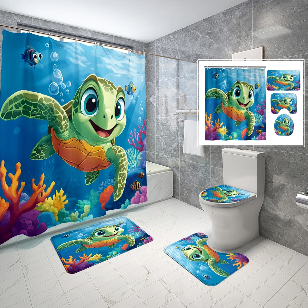 

1/4 шт., набор занавесок для душа с рисунком черепахи, занавеска для душа с 6/12 крючками, нескользящий коврик для ванной, U-образный коврик, накладка на крышку унитаза
