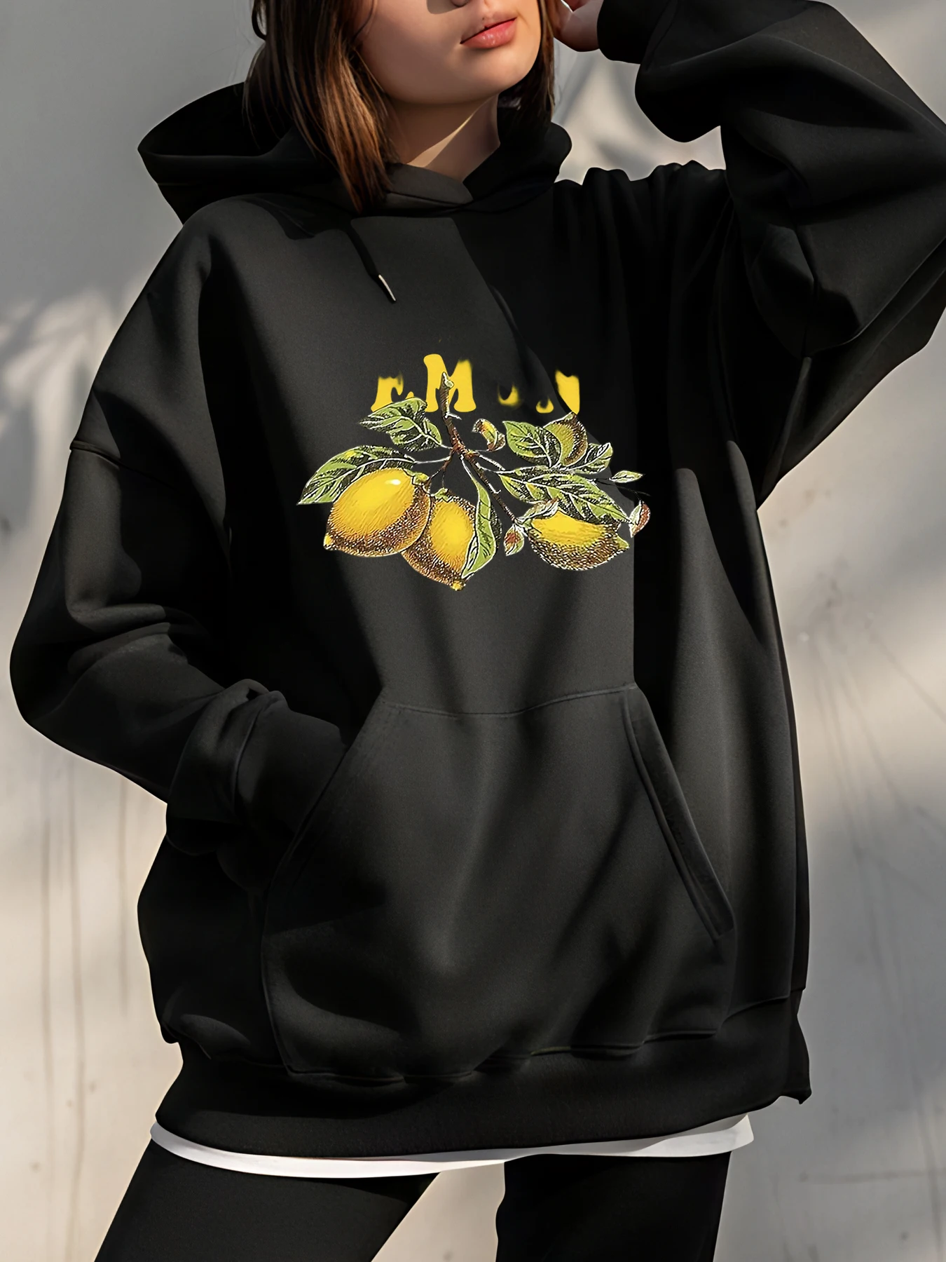 

Lemon Print Hoodie Women's Oversized Sweatshirt Casual Streetwear Fashion Black Pullover for Girls and Women