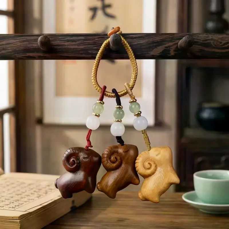 1/3Pcs Goat Sandalwood Keychain Hanging Key Chain Wood Carving Pendant Textured Animal Keyring Accessory For Parties Keys