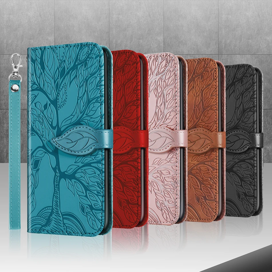 Embossed Tree Leather Phone Wallet Case Book For Samsung Galaxy S25 S24 Ultra S23 S22 S21 S20 FE S10 S9 S8 Plus Note Flip Cover