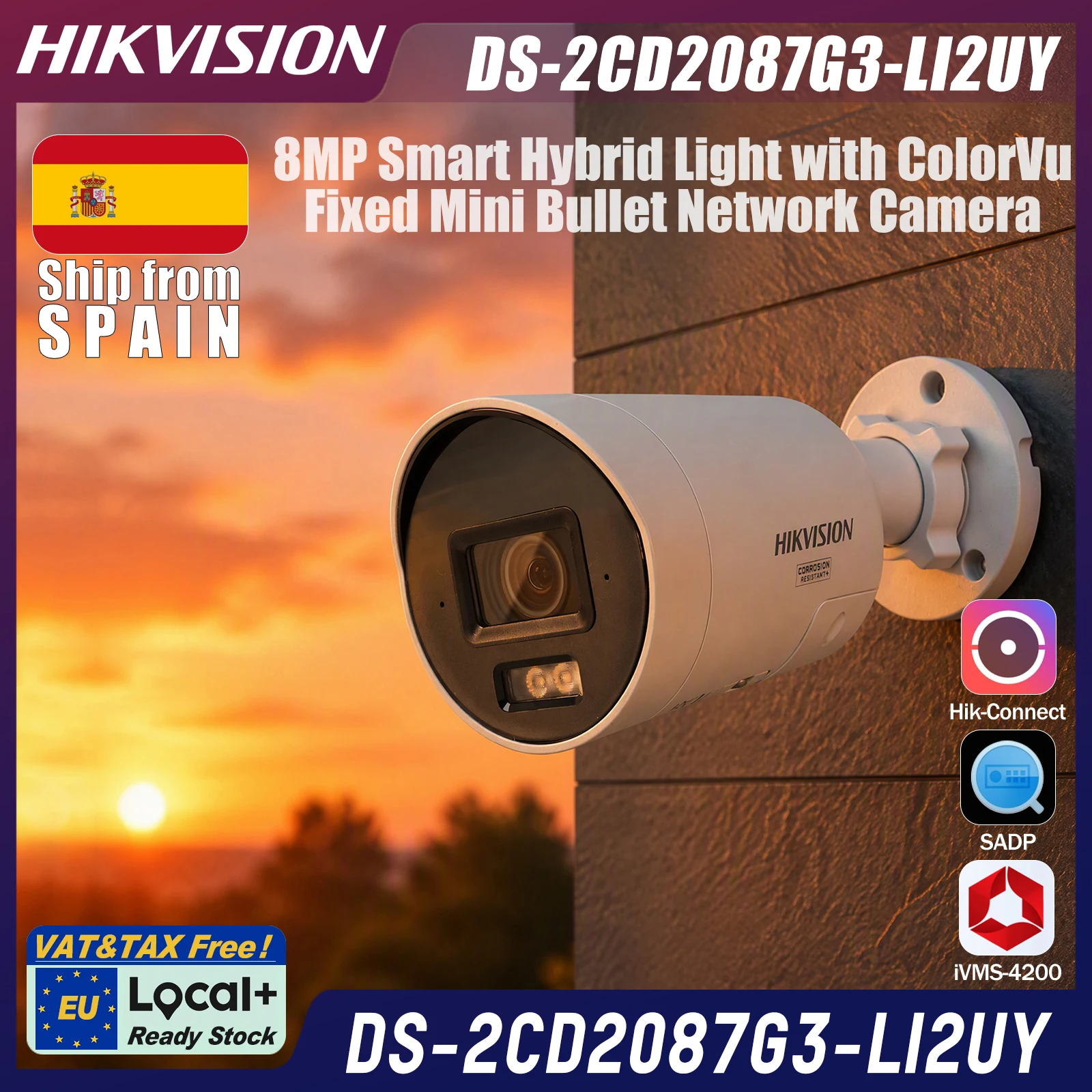 DS-2CD2087G3-LI2UY Hikvision Local+ telecamera bullet bianca 8MP ColorVu PoE, 40m Smart Hybrid Light, 130dB WDR, rilevamento uomo/veicolo, doppi microfoni, slot scheda 512GB, IP67, NEMA 4X