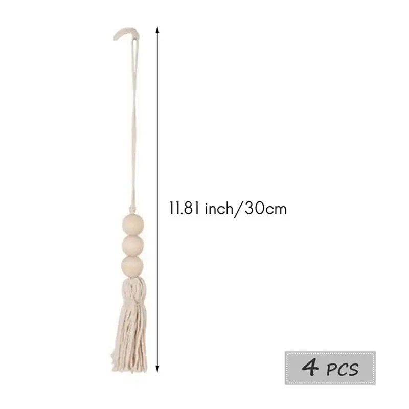 B84B 8Pcs Wood Bead Garlands Farmhouse Beads Tassels Rustic Country Decor Prayer Beads for Home Door Knob Decor Beige