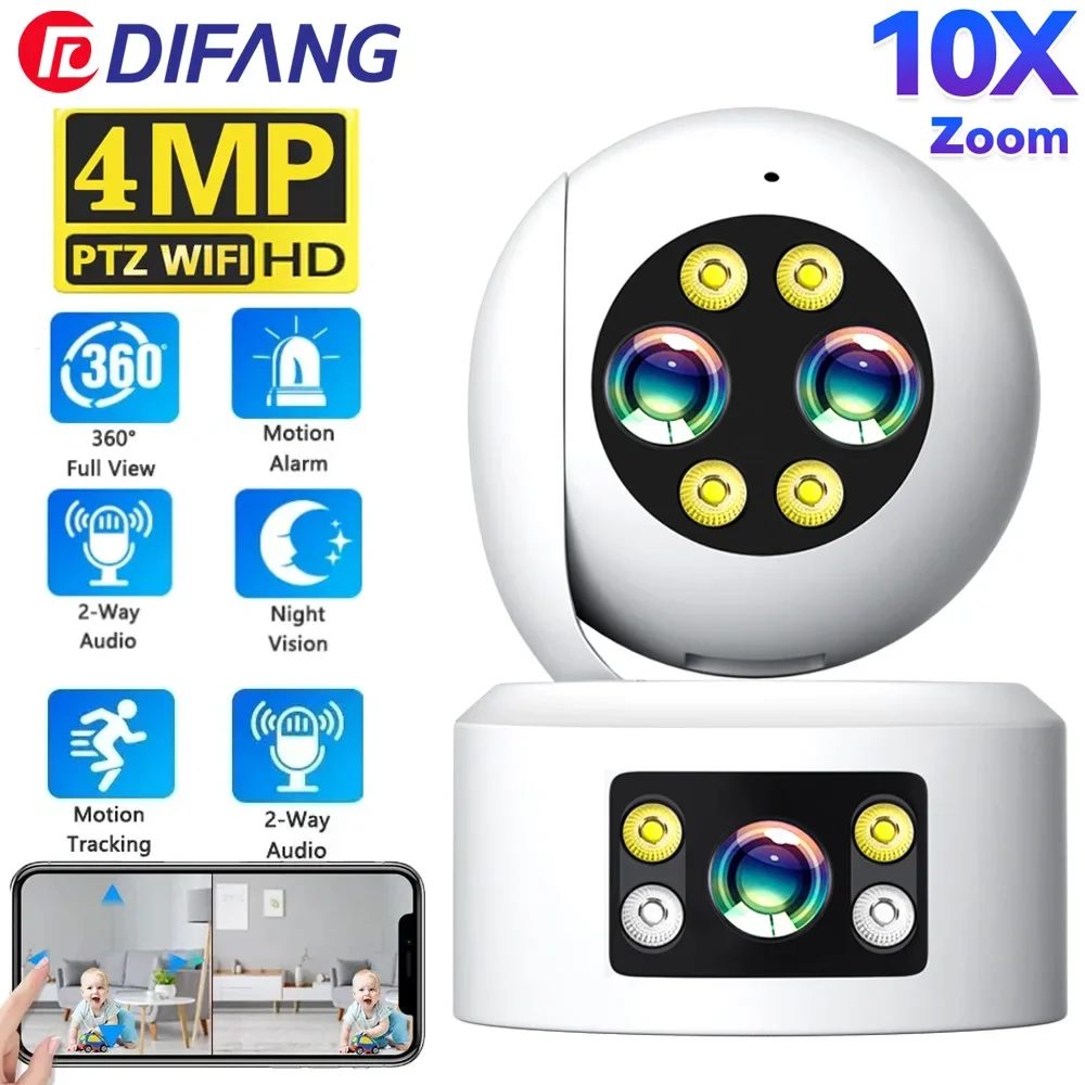 4MP Wifi IP Camera Smart Home Three lenses 10x Zoom Two-way Voice Video Call Monitoring Color Night Vision Wireless Security Cam