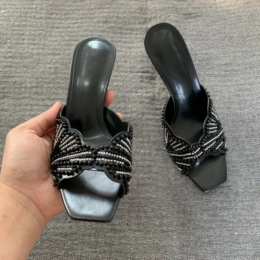 Damen Perlenbesetzte Sandalen mit eckiger Zehenpartie und hohem Absatz, offene Stiletto-Absätze, 2026 Party- und Hochzeitsschuhe, Damen-Sommer-Mules – Detail 13