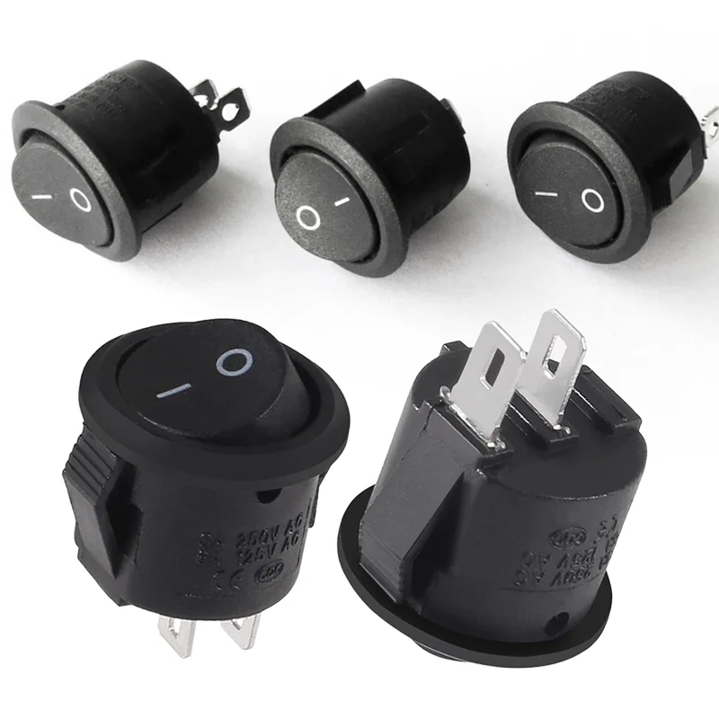 5/20pcs Round Rocker Power Switch 6A 250V 2 Pin 2 Position ON/OFF Power Boat Switches SPST Black Button Mini Round