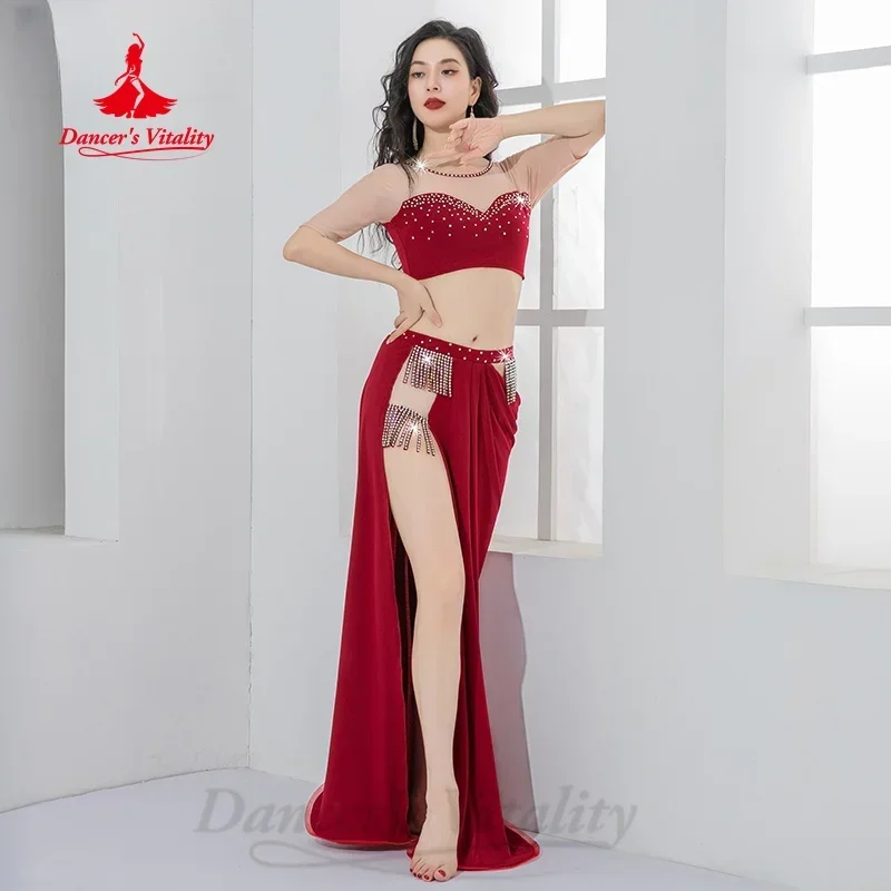 Belly Dancing Performance Costume Set Women's AB Stones Top+tassel Long Skirt 2pcs Oriental Belly Dancing Professional Outfit