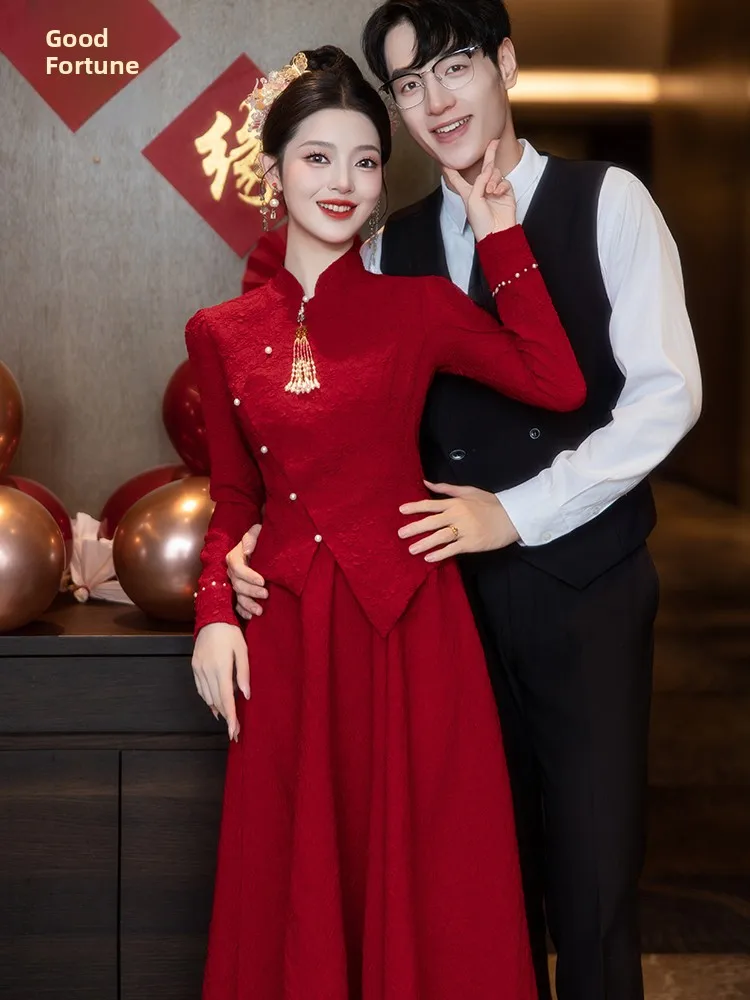 

Red Wedding Dr Long Sve Engagement Ceremony Chinese Sle New Bride Costume Set Luxury Sensation Winter Dr