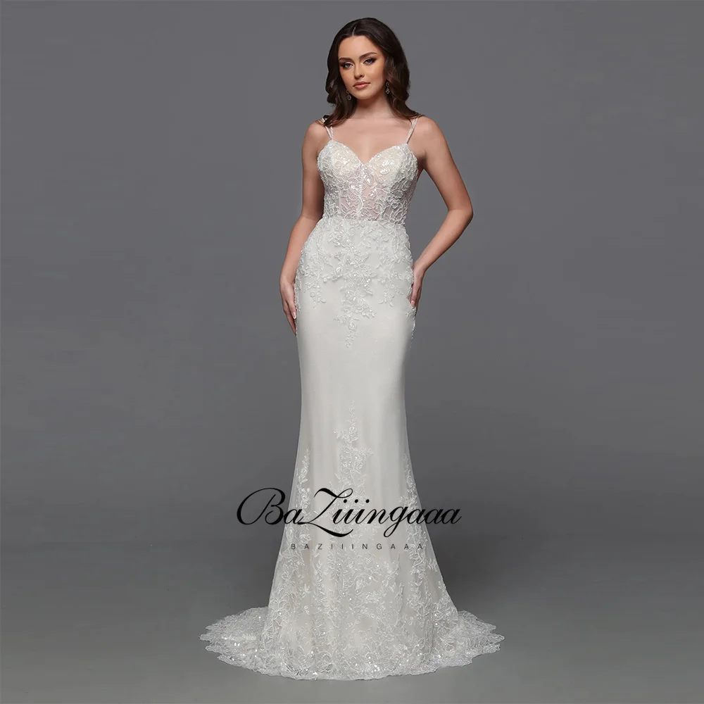 

Elegant Mermaid Wedding Dresses Lace Silky Organza V-neck Spaghetti Strap Back Zipper Design Court Train Bride Church Wedding