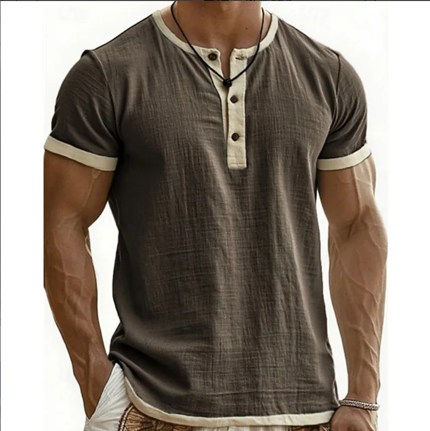 2026 New Men's Vintage Contrasting Color Casual Henry Collar Short-sleeved T-shirt POLO Shirt