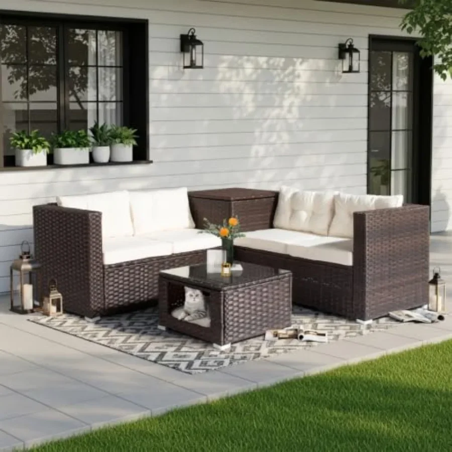 4 Pieces Outdoor Sectional Wicker Patio Furniture with Storage, Patio Sectional Sofa Outdoor Couch Conversation Set, Glass Top