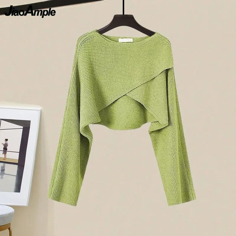 2024 Spring/Summer New Dress Matching Set Women\'s Vintage Short Knitted Sweater Suspended Skirt Two Piece Female Clothing Suit