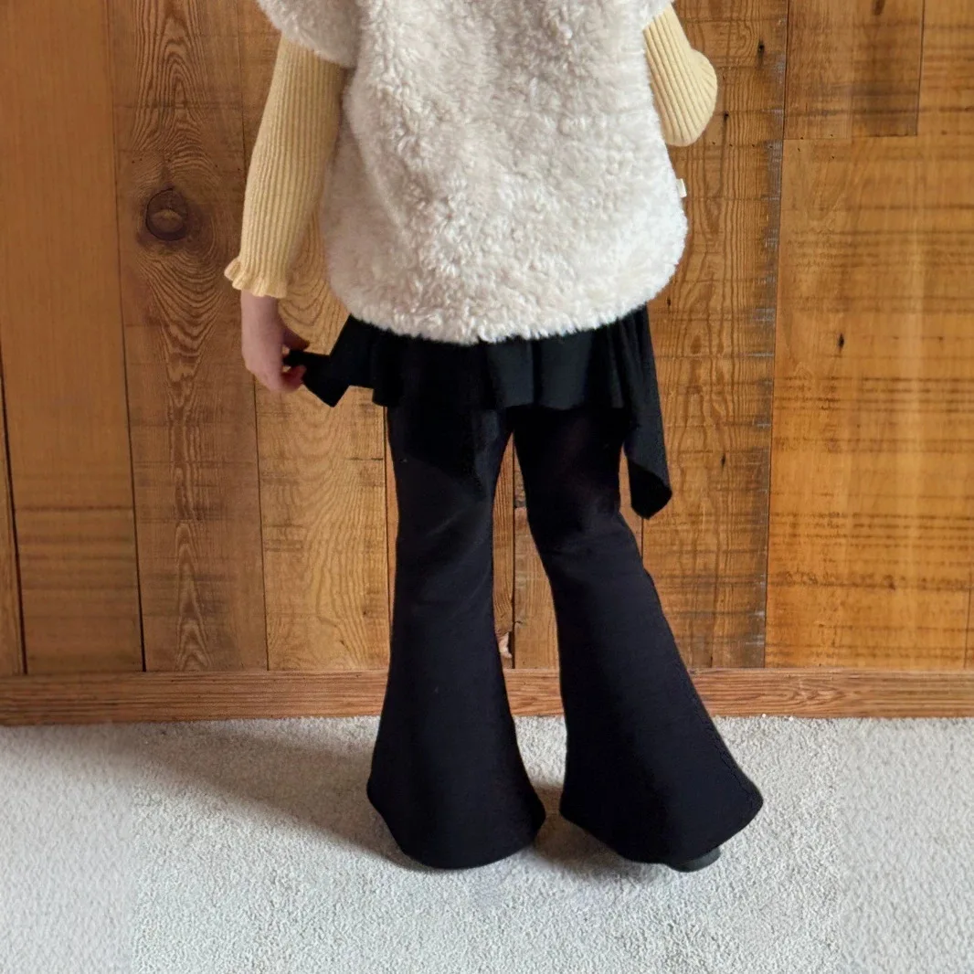 2026 Winter Girls High Elastic Fleece Flare Pants Girls Versatile Diaper Cover Hem Fake Two Layer Pants
