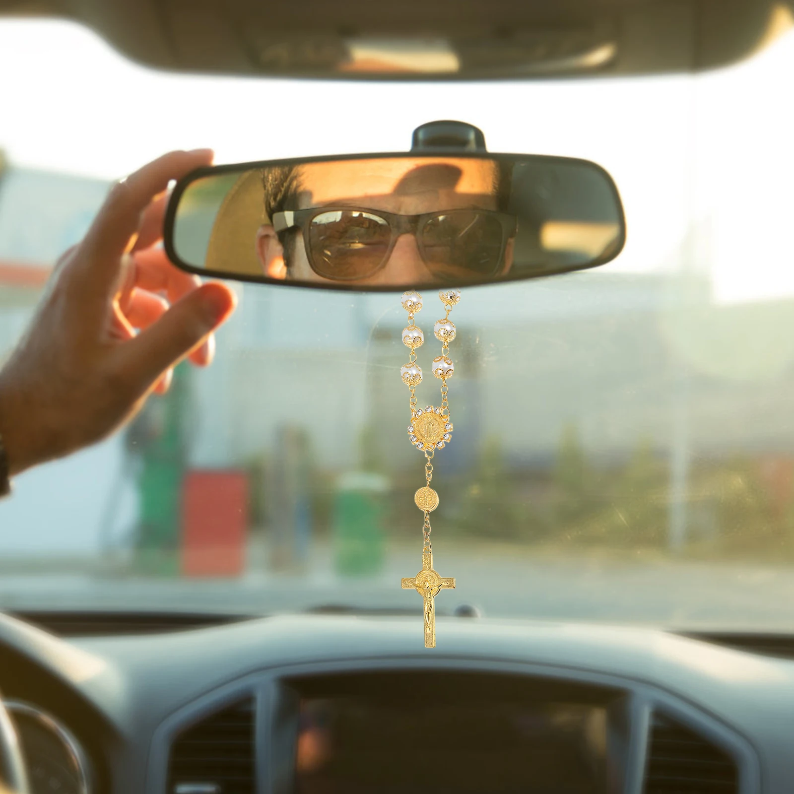 

1Pcs Classy Gold Silver Cross Car Accessory Imitation Pearl Hanging Ornament Rearview Mirror