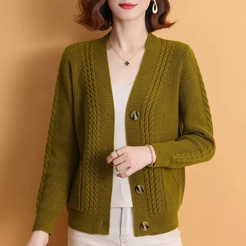 Women\'s Spring Autumn 2024 New Patchwork V-neck Button Fashion Solid Color Loose Minimalist Casual Long Sleeve Knitting Tops