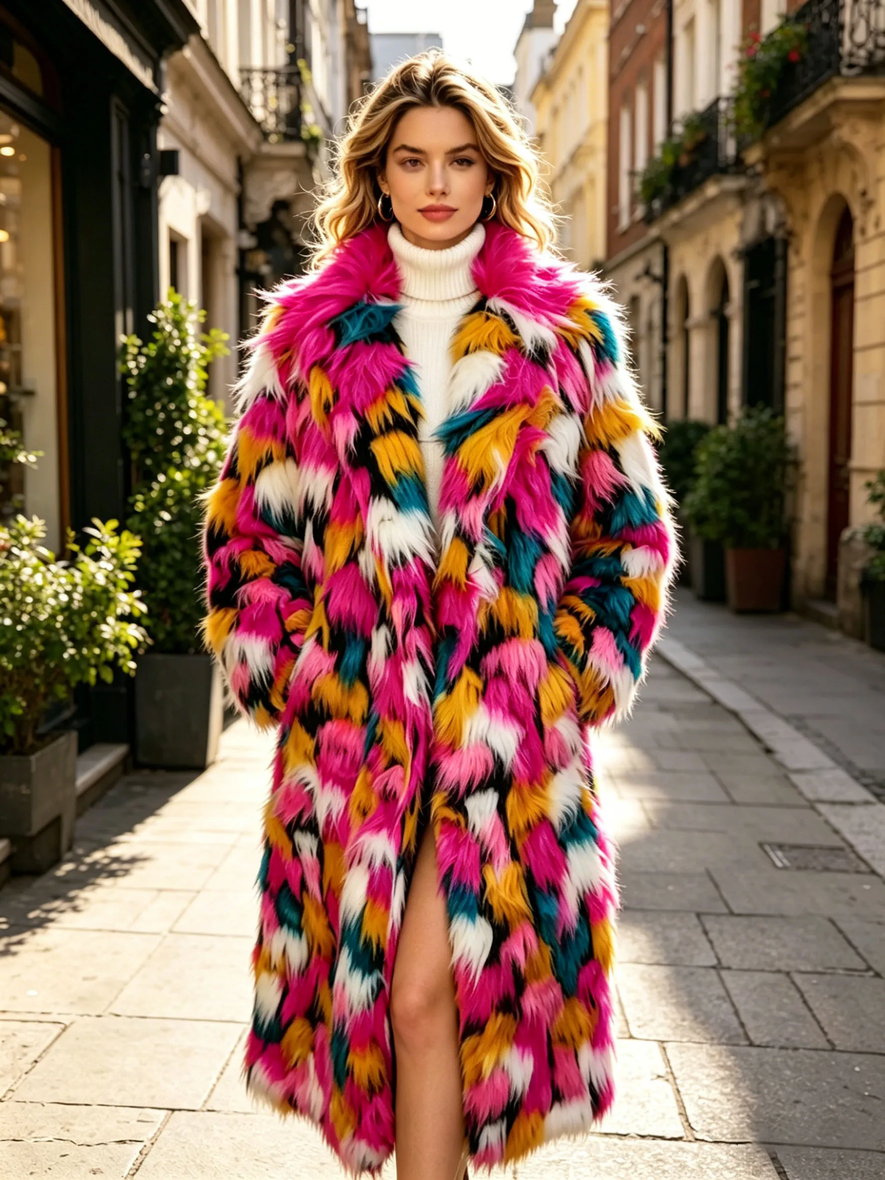 

Women's Rainbow Multicolor Patchwork Faux Fur Coat 2026 Winter Long Length Fluffy Warm Luxury Jacket for Daily Party Streetwear