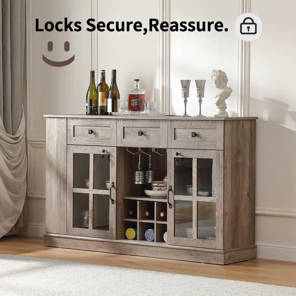 خزانة بار النبيذ والمشروبات مقاس 55.1 بوصة مع أقفال، و7 مصابيح LED، ورف منزلق، ورف مفتوح، و3 أدراج، وخزائن